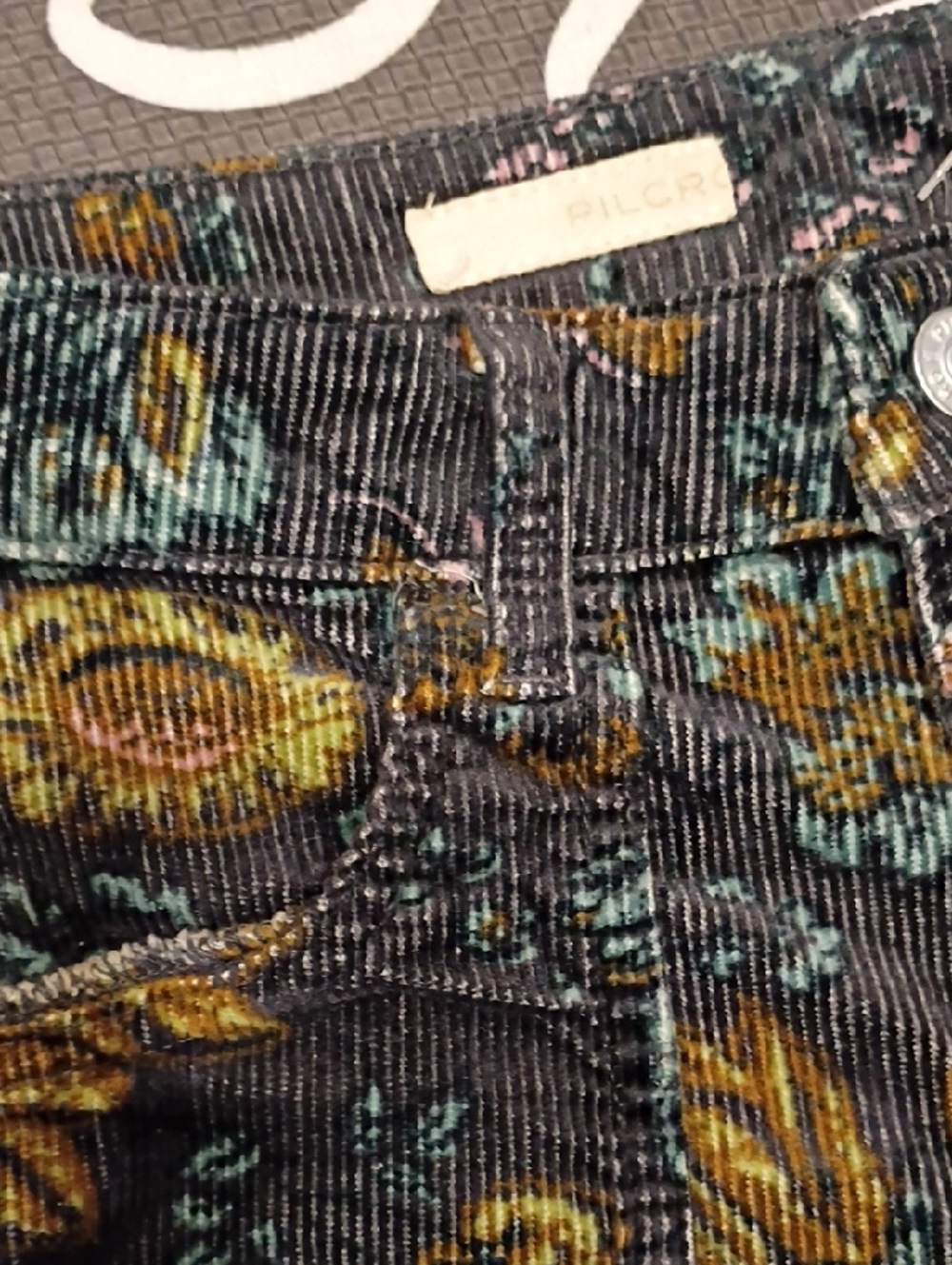 Pilcro High-Rise Floral Corduroy Jeans in Dark Grey  with Yellow & Teal Accents